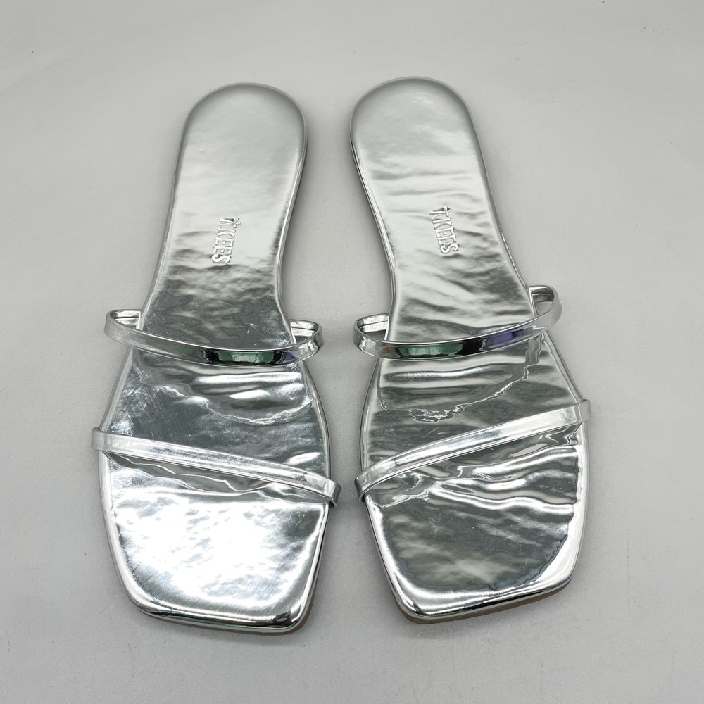 TKEES Womens 9 Gemma Slide Square Toe Flat Strappy Sandals Silver Leather Chrome